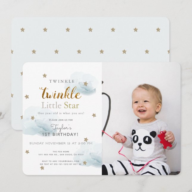 Invitation Twinkle Twinkle Little Star Blue Photo Anniversair (Devant / Derrière)