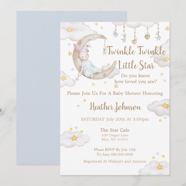 Invitation Twinkle Twinkle Little Star Bunny Baby shower (Devant / Derrière)