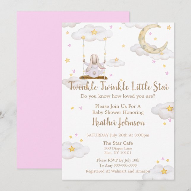 Invitation Twinkle Twinkle Little Star Bunny Baby shower (Devant / Derrière)
