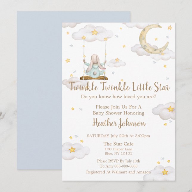 Invitation Twinkle Twinkle Little Star Bunny Baby shower (Devant / Derrière)