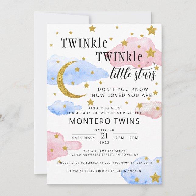 Invitation TWINkle TWINkle Little Star Gender Reveal Party (Devant)