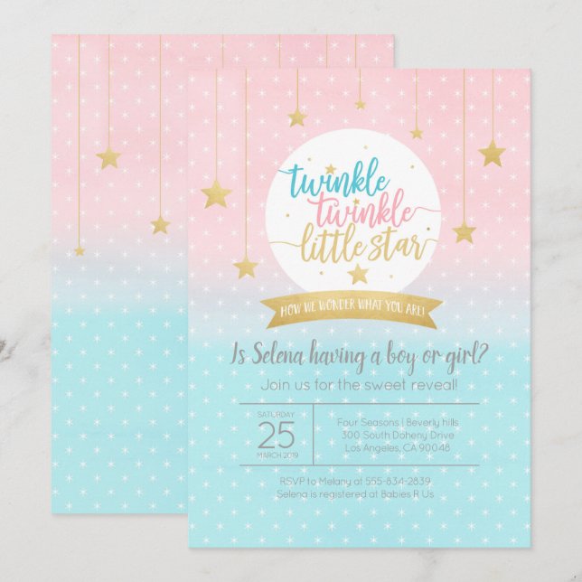 Invitation Twinkle Twinkle Little Star Genre Révéler Douche (Devant / Derrière)