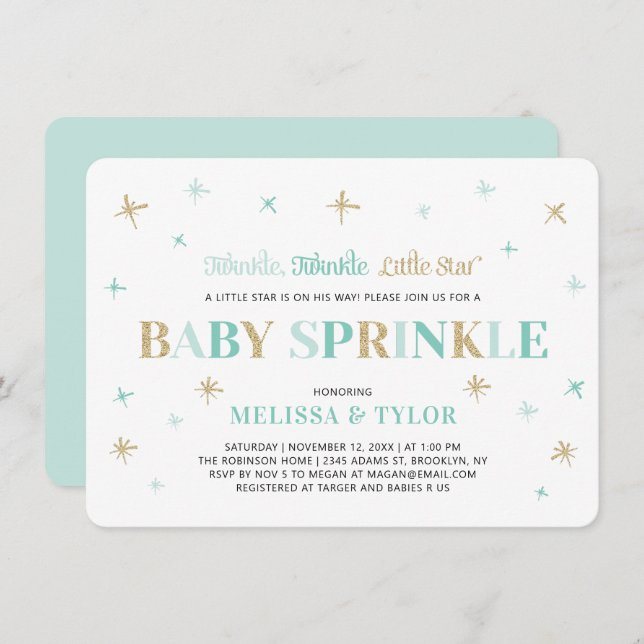 Invitation Twinkle Twinkle Little Star Mint Garçon Bébé Sprin (Devant / Derrière)