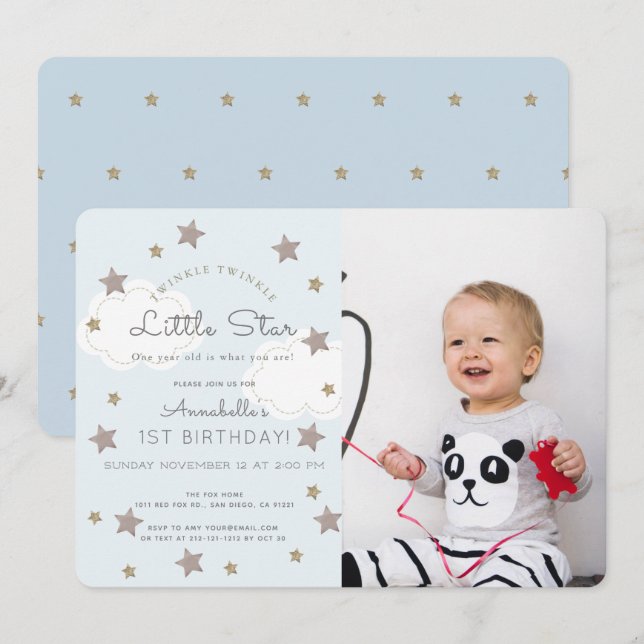 Invitation Twinkle Twinkle Little Star Photo Blue Anniversair (Devant / Derrière)