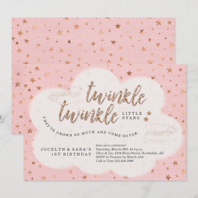 Invitation Twinkle Twinkle Little Star Twin Girl 1er annivers (Devant / Derrière)