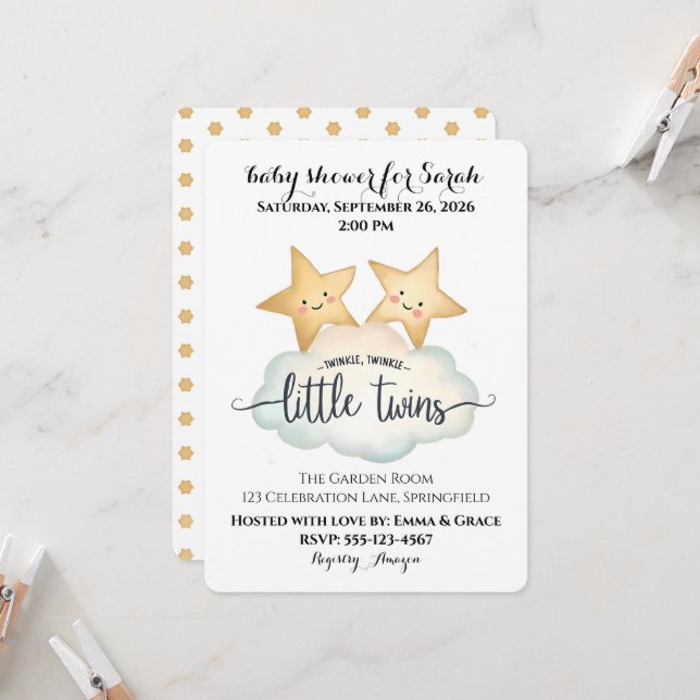 Invitation Twinkle, Twinkle Little Twins Baby shower (Devant/Arrière en situation)