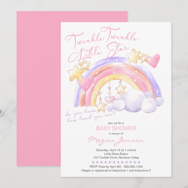 Invitation Twinkle Twinkle mignon Rainbow Rose Girl Baby show (Devant / Derrière)