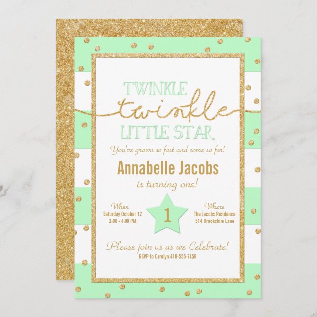Invitation Twinkle Twinkle Mint et Gold Anniversaire Invitati (Devant / Derrière)
