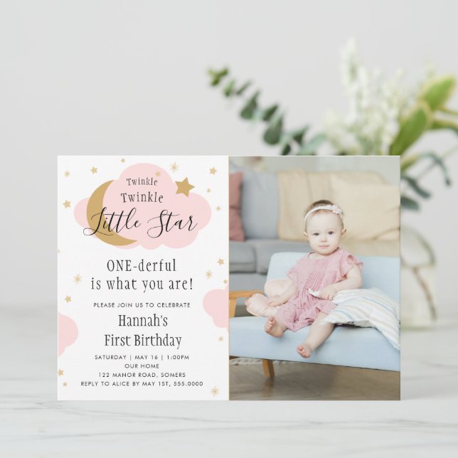 Invitation Twinkle Twinkle ONE derful Pink 1st Birthday Photo (Debout devant)