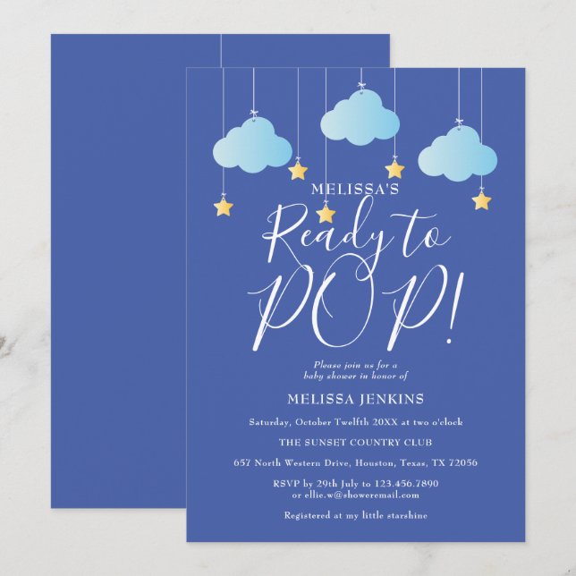 Invitation Twinkle Twinkle Ready to Pop Baby shower Blue (Devant / Derrière)