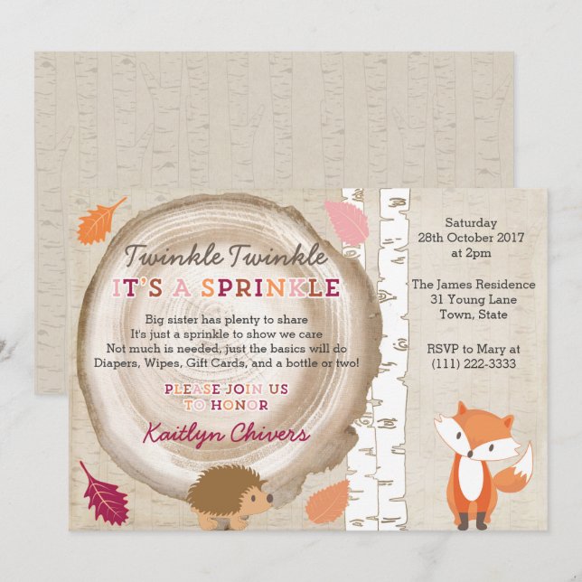 Invitation Twinkle Twinkle Woodland Baby Sprinkl pour fille (Devant / Derrière)