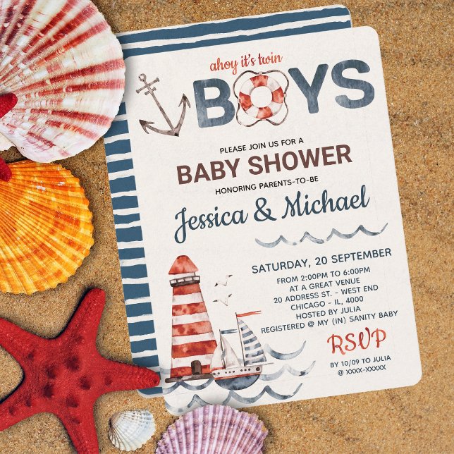 Invitation Twins Ahoy C'est un garçon Baby shower nautique (Créateur téléchargé)