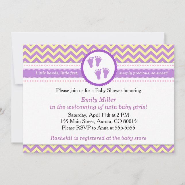 Invitation Twins Baby Girl Shower Purple Yellow (Devant)