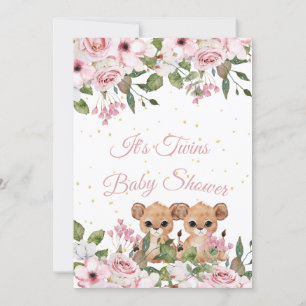 Invitation Twins Baby shower mignon Lion rose Floral Or 