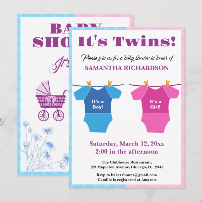 Invitation Twins Baby shower Party Girl Boy. (Devant / Derrière)