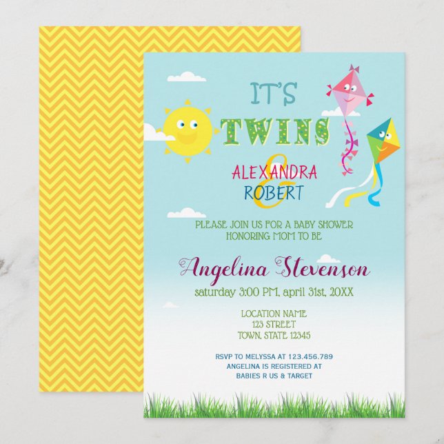 Invitation Twins Baby shower Printemps Été Joli Soleil Kites  (Devant / Derrière)