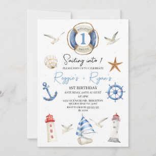 Invitation Twins Blue Nautical vole en un 1er anniversaire