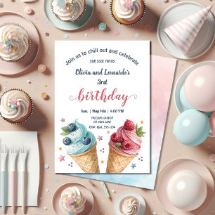 Invitation Twins Boy And Girl Glace Cream Cool Anniversaire