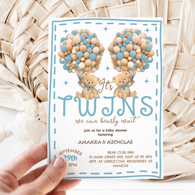 Invitation Twins Boy Bear Blue Balloon Baby shower (Créateur téléchargé)