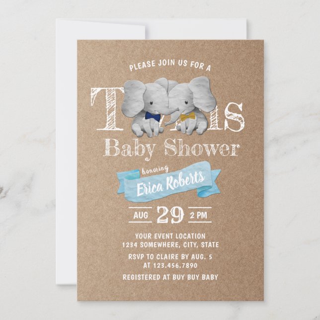 Invitation Twins Boy Cute Elephant Rustique Baby shower Kraft (Devant)