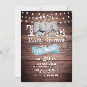 Invitation Twins Boy Elephant Rustic Grange Baby shower