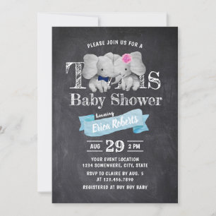 Invitation Twins Boy & Girl Cute Elephant Baby shower rustiqu