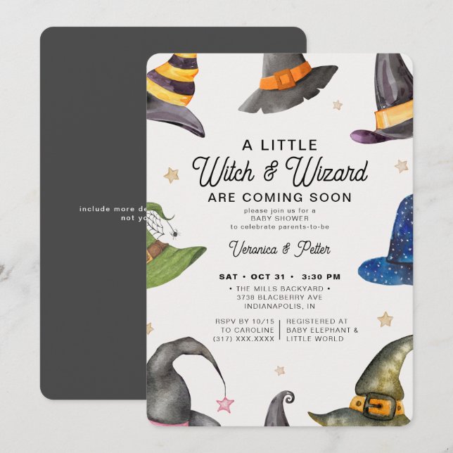 Invitation Twins Boy Girl Grey Halloween Baby shower (Devant / Derrière)