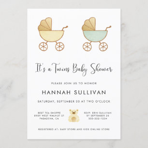Invitation Twins Carriage Jaune Vert or Aquarelle Douche
