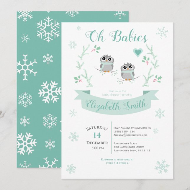 Invitation Twins Cute hivernal sans sexe chouette bébé (Devant / Derrière)