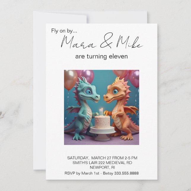Invitation *~* TWINS Dragon Cake Photo AP88 Anniversaire (Devant)