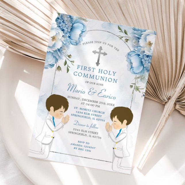Invitation Twins Dusty Blue Flowers garçons Première Communio (Créateur téléchargé)