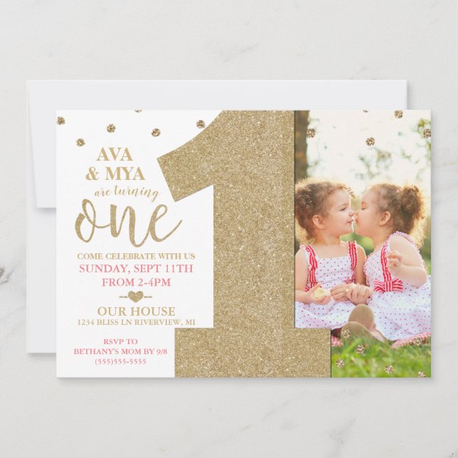 Invitation Twins First Birthday Gold & Pink (Devant)