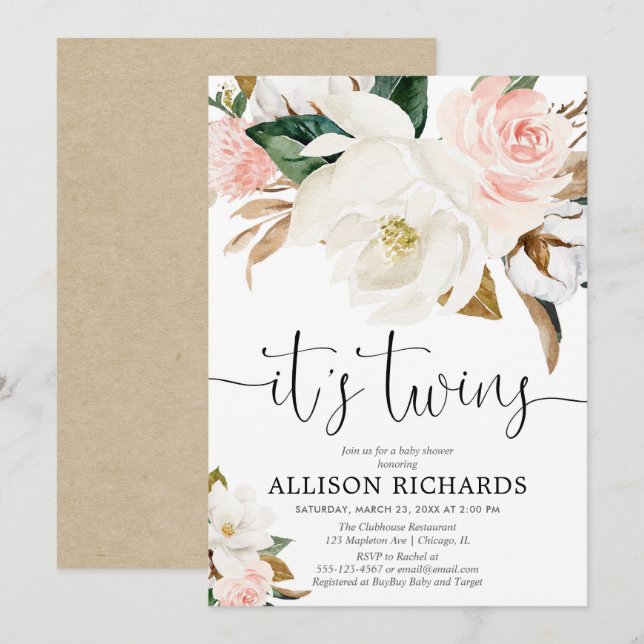 Invitation Twins garçon fille blanc rose baby shower rustique (Devant / Derrière)