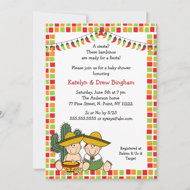 Invitation Twins garçon fille mexicaine Fiesta Baby shower In (Devant)