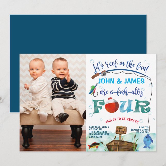 Invitation Twins garçons petit pêcheur 4e anniversaire photo (Devant / Derrière)