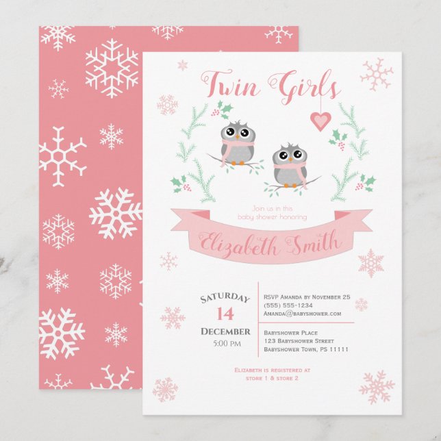 Invitation Twins Girls Cute owers hiver babydouches (Devant / Derrière)