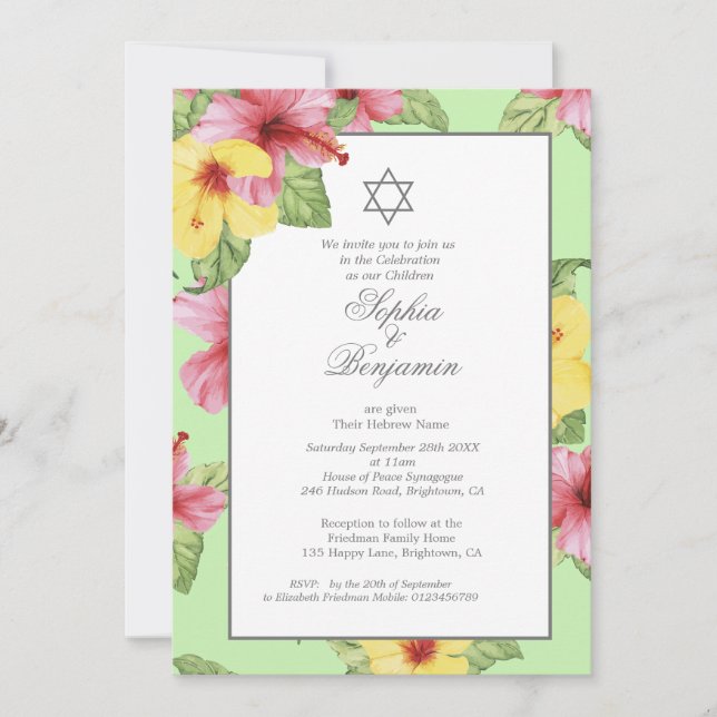 Invitation Twins Hébreu Baby Naming Jewish Tropical Floral (Devant)