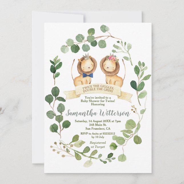 Invitation Twins Lion Cubs Baby shower Deux fois le Giggles (Devant)