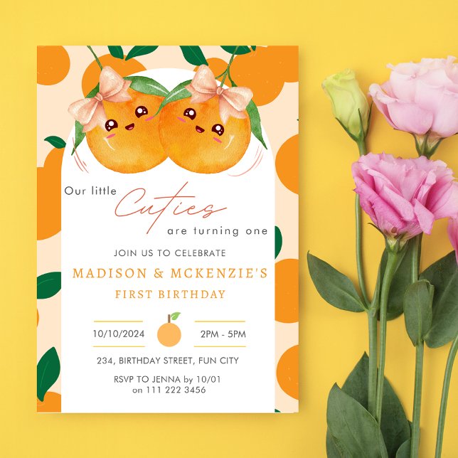 Invitation Twins Little Cuties Orange 1er Anniversaire (Twins Little Cuties Orange 1st Birthday Invitation)