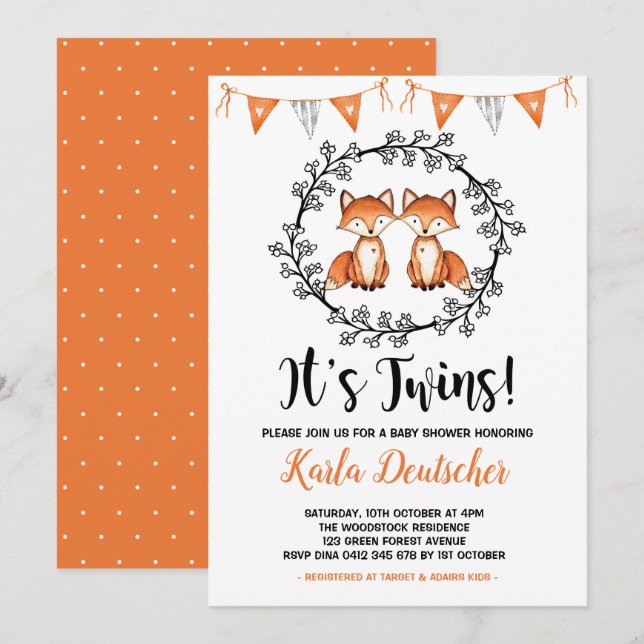 Invitation Twins modernes Fox Baby shower Orange Black Party (Devant / Derrière)