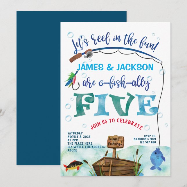 Invitation Twins O-fish-ally Little Fisherman 5e anniversaire (Devant / Derrière)
