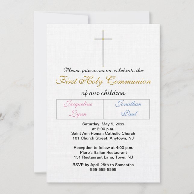 Invitation Twins Pink Blue Gold Première communion sainte (Devant)