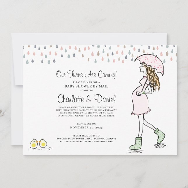 Invitation Twins Pregnant Maman Baby shower Parapluie Par Mai (Devant)