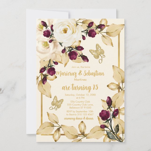 Invitation Twins Quinceañera Champagne Bourgogne et or (Devant)