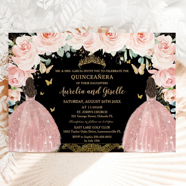 Invitation Twins Quinceañera Princess Blush Floral Gold Noir (blush pink floral rose gold dress twins princesses quinceanera sweet 16 birthday invitation cards)