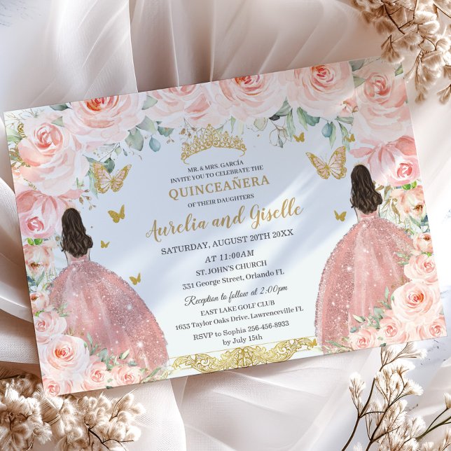 Invitation Twins Quinceañera Princesses Blush Floral Gold (elegant-blush-pink-floral-twins-princesses-rose-gold-dress-brunette-joint-sisters-quinceanera invite)