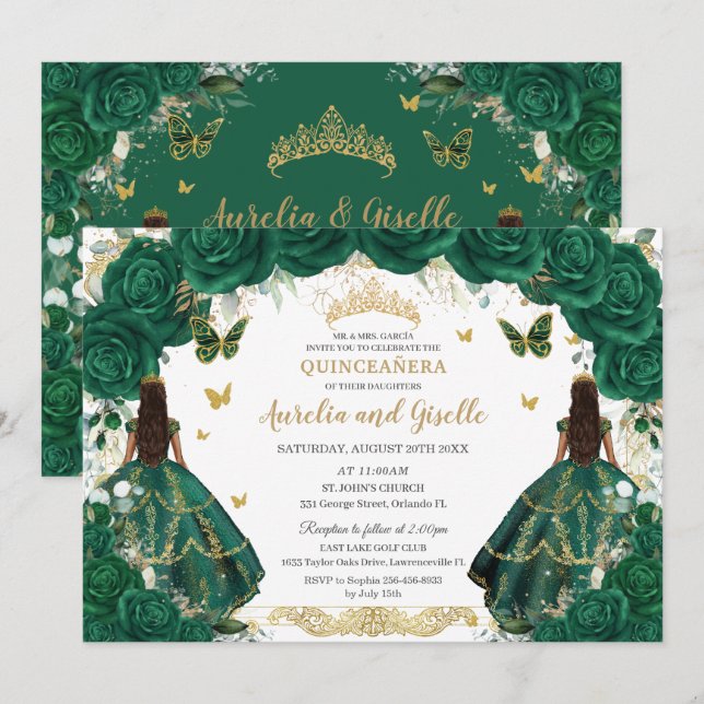 Invitation Twins Quinceañera Princesses Emerald Green Floral (Devant / Derrière)