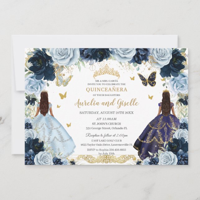Invitation Twins Quinceañera Princesses Marine Bleu Flore (Devant)