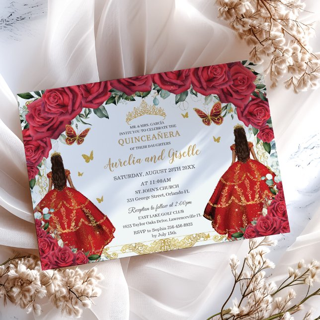 Invitation Twins Quinceañera Princesses Roses rouges Floral O (red roses floral twins quinceanera sweet 16 birthday invitation printed cards and digital download)