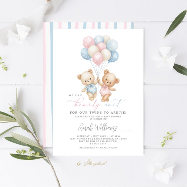Invitation Twins Teddy Bear Boy and Girl Baby shower (Créateur téléchargé)